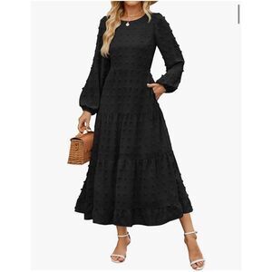 NEW Black Ruffle Long Sleeve Swiss Dot Maxi Dress L
